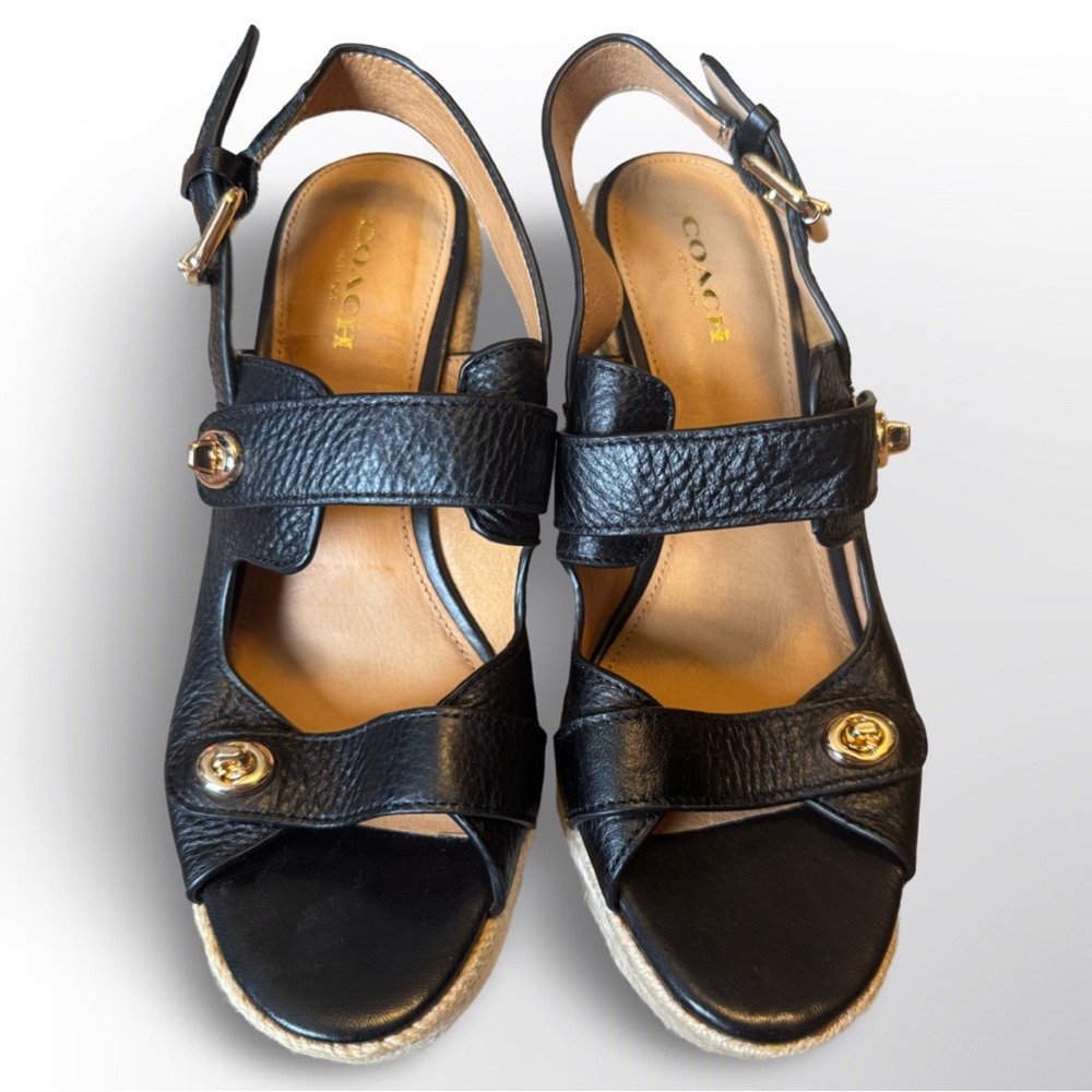 Coach Electra Espadrille Wedge Sandals - Black Pebble Leather - Size 6.5